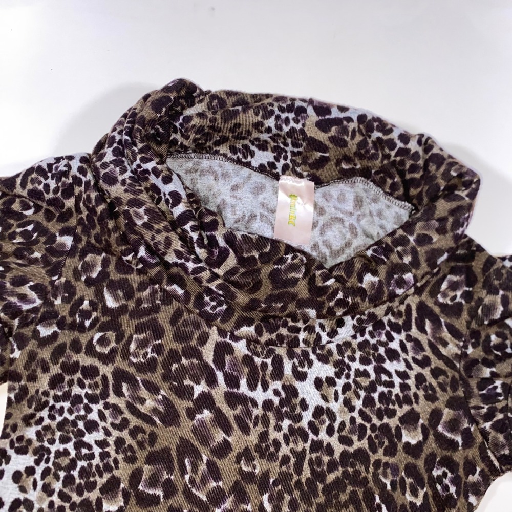 PaulnKC Leopard Print Cowl‎ Neck Mini Dress Short Puff Sleeve Brown Tan 2925